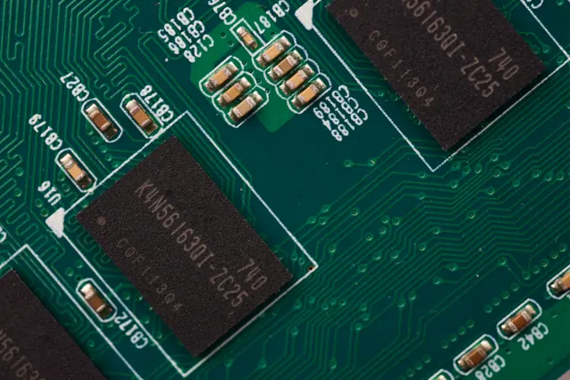 Memory chips on a green circuit board